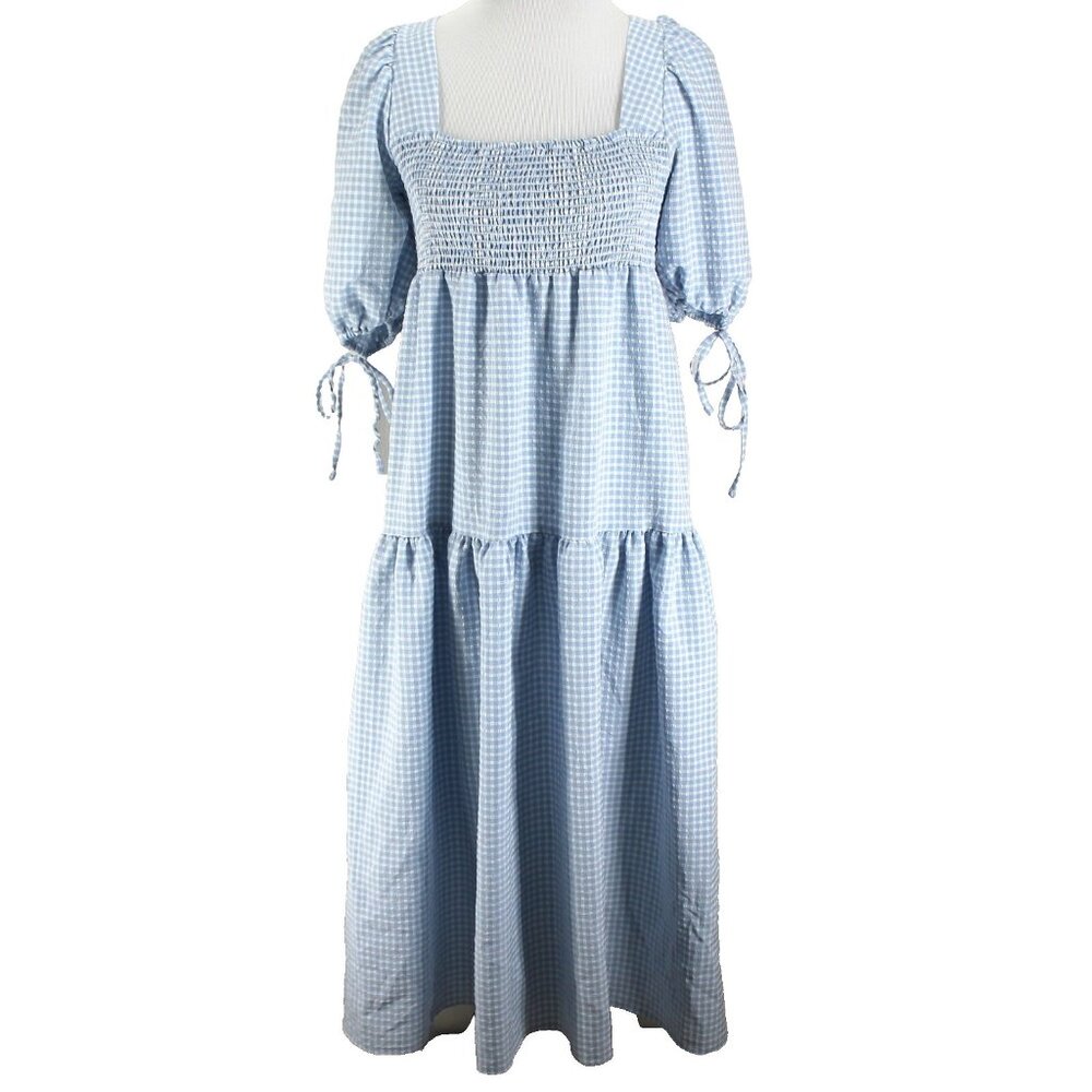 Asos Design Gingham Midi Dress Womens Size 4 Bue White Check Square Neck Smocked